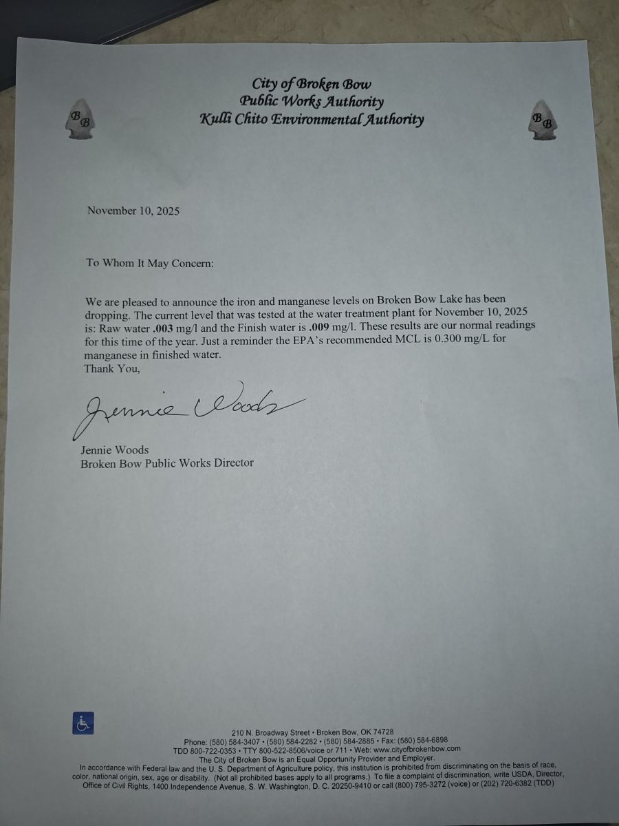 11/10/2025 Broken Bow Public Works Authority Letter on discolored water.